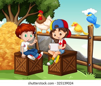 Boy and girl hanging out in the farm illustration