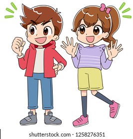 A boy and a girl are happily looking to the left.