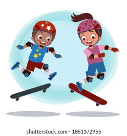 A boy and girl are happily skateboarding together