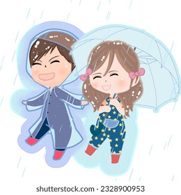 A boy and a girl are happily walking together in the rain.