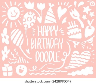 Boy Girl Happy Birthday doodle, hand drawn with crayon. Party Event Anniversary Celebrate Ornaments pink background pattern Vector illustration. Child birthday party. Cack, Gift, Balloon, Sun, Smile, 