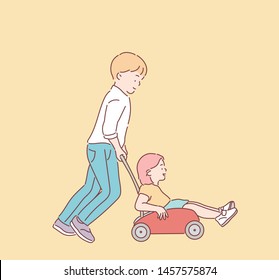 Boy and girl. Happy child riding toy car. Hand drawn style vector design illustrations.