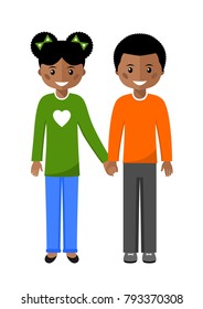 Boy and girl. Happy children white background. Happy boy and girl are holding hands. Vector illustration.