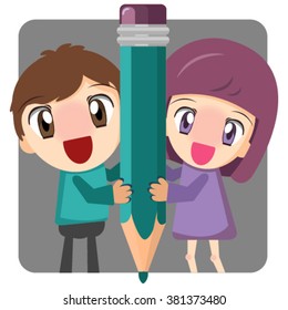 Boy and girl happy kids. Vector illustration of school topics. Pencil.