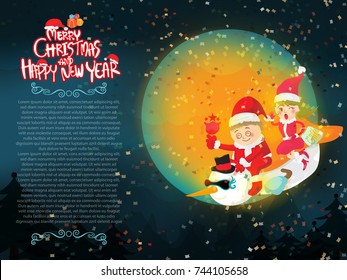 Boy and girl are happy in Merry Christmas. And happy new year By sitting on the back of a snowman. In the atmosphere of the winter night.