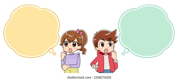 A boy and a girl have doubts. With a speech balloon.