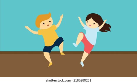 Boy and girl have fun and jump