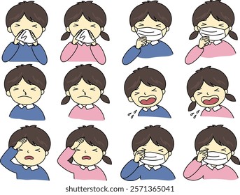 A boy and girl have pollen allergy or cold. Some illness. fever, cough, sneeze, itchy eyes and running nose.