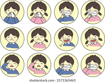 A boy and girl have pollen allergy or cold. Some illness. fever, cough, sneeze, itchy eyes and running nose.