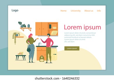 Boy and Girl Having Conversation in Kitchen Interior Flat Cartoon Vector Illustration. Students Communicating and Drinking Coffee or Tea Landing Page. People Talking in Dormitory. Unifersity Life.