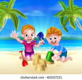 Boy and girl having fun building sandcastles on a tropical beach with palm trees