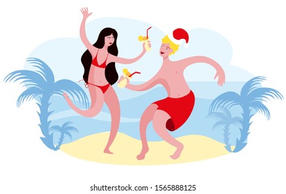 A boy and a girl are having fun celebrating Christmas by the sea.
