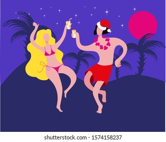 A boy and a girl are having fun celebrating Christmas by the sea.
