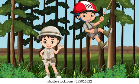 Boy and girl having fun in the forest illustration