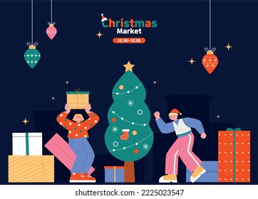 A boy and a girl are having fun with a large gift box. Dark background Christmas. flat vector illustration.