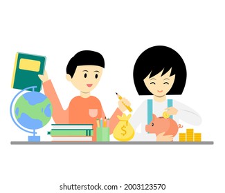 Muchacho y muchacha divirtiéndose para aprender a ahorrar dinero juntos. Los niños ahorran dinero para su futuro concepto