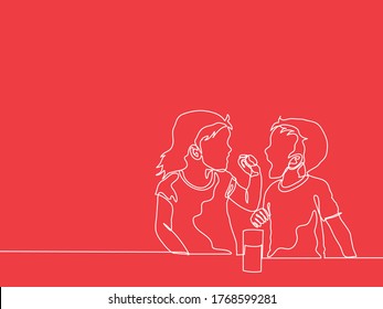 boy and girl having lunch in one line vector illustration