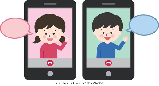 boy and girl having a video call  on tablet or smartphone. Vector illustration with speech bubbles isolated on white background.
