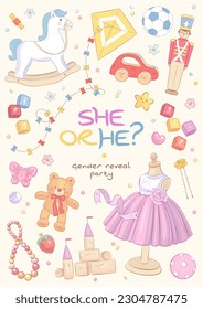 Boy or girl. He or she. Cartoon gender reveal party invitation template. Vertical banner with hand drawn toys, clothes and flowers. Vector illustration