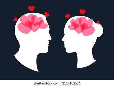 Boy and girl head silhouette with heart brain, love symbol for greeting card, wedding, valentines day holiday. Vector illustration