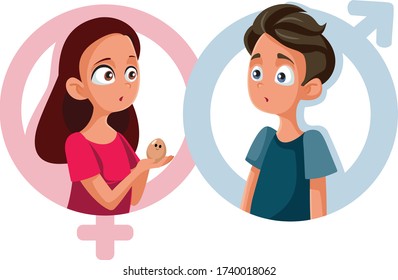 Boy And Girl In Health Education Class Vector Cartoon. Funny Teens Learning About Reproduction And Responsibilities

