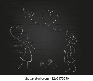 Boy and girl with a heart. Cartoon doodle white chalk on black background. Postcard for Valentine's Day. Vector illustration