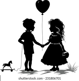 Boy And Girl With Heart Shape Balloon, Retro Silhouette Illustration