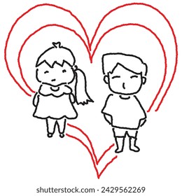 boy and girl in heart shape doodle style vector illustration design