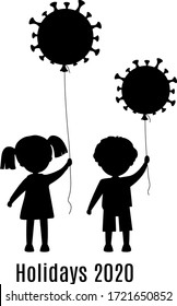 A boy and a girl hold balloons-coronavirus. Symbol of prohibition of celebration of a holiday, party, birthday. Silhouette