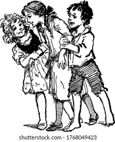 A boy and a girl hold the hands of another girl, who has the inability to walk of her own; and gives her support, as she attempts to walk, vintage line drawing or engraving illustration 