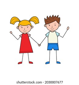 A boy and a girl hold hands. Cute characters. A linear drawing by hand. Colorful simple vector illustration, isolated on a white background.Hand drawn.