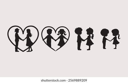 Boy and girl hold hands set. Sister and brother or best best friends standing together. Love and care between siblings. Little elementary age preschool kids. Vector