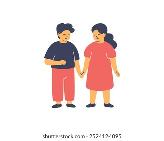 Boy and girl hold hands. Sister and brother or best best friends standing together. Love and care between siblings. Little elementary age preschool kids. Vector illustration