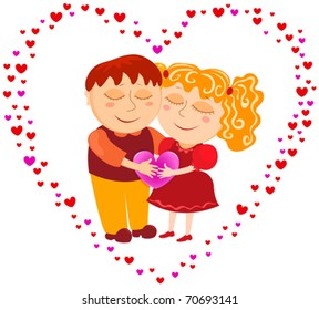 Boy and girl hold heart. Isolated on white. Vector illustration.