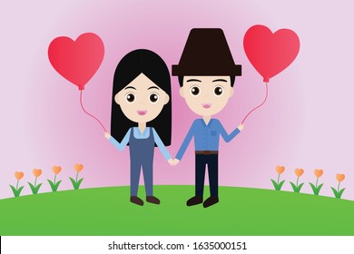 Boy and girl hold one's hands and hold heart's balloon. Vector design about Valentine's concept with love .