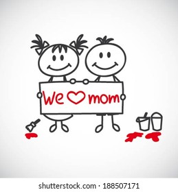 boy and girl hold a poster that says "We love mom" (cartoon doodle)