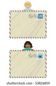 boy and girl holding airmail letters ready for your text