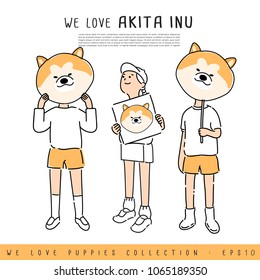 Boy and Girl Holding Akita Inu's face :  Vector Illustration