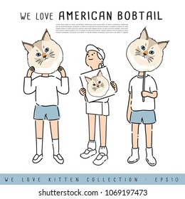 Boy and Girl Holding American Bobtail Cat's face :  Vector Illustration