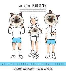 Boy and Girl Holding Birman Cat's face :  Vector Illustration