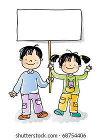 boy and girl holding blank sign, cartoon kids watercolor style series. grouped and layered for easy editing