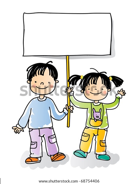 Boy Girl Holding Blank Sign Cartoon Stock Vector Royalty Free