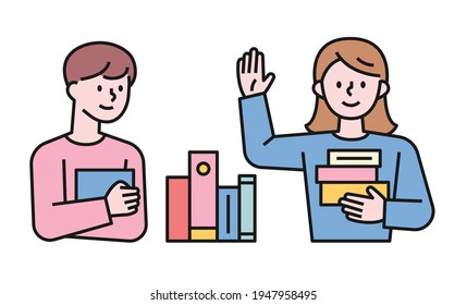 Boy and girl holding books. flat design style minimal vector illustration.