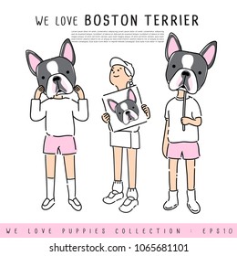 Boy and Girl Holding Boston Terrier's face :  Vector Illustration