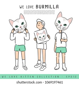 Boy and Girl Holding Burmilla Cat's face :  Vector Illustration