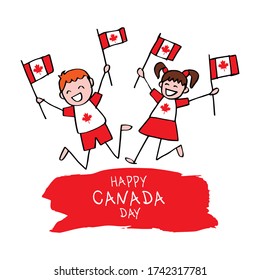 Boy and girl holding a Canada flag. Canada Independence Day greeting card.