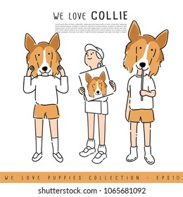 Boy and Girl Holding Collie's face :  Vector Illustration