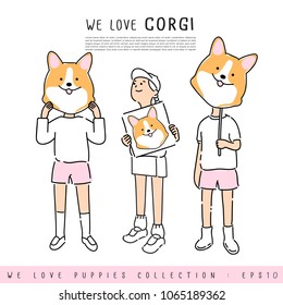 Boy and Girl Holding Corgi's face :  Vector Illustration