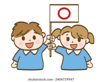 A boy and a girl holding up the correct answer flag_siblings of nursery school children