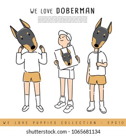 Boy and Girl Holding Doberman's face :  Vector Illustration